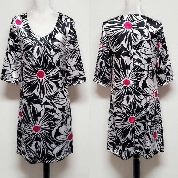 VINTAGE 90s Chico's Black Fuschia Satin Abstract Floral V-neck Shift Dress - Picture 1 of 11